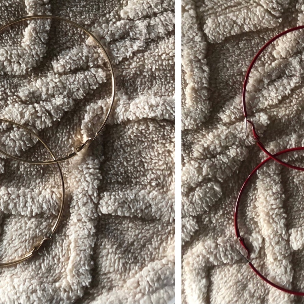 Large gold hoop earrings & Large red hoop earrings.